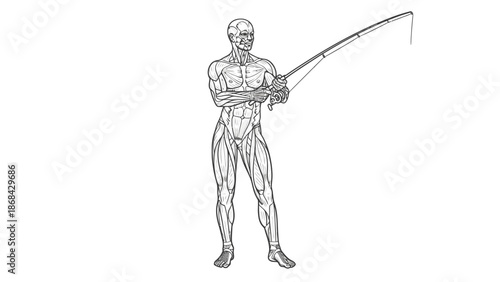 Anatomical drawing of a muscular human figure holding a fishing rod, illustrating the muscles involved in the action.