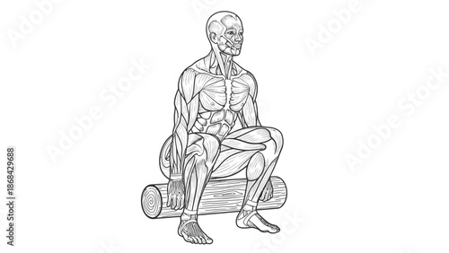 Detailed anatomical illustration of a muscular male figure sitting on a log, showcasing human musculature and skeletal structure.
