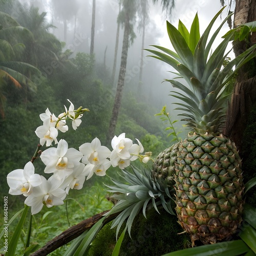 White orchids and pineapples in tropical rain, sharp realism, beautiful background