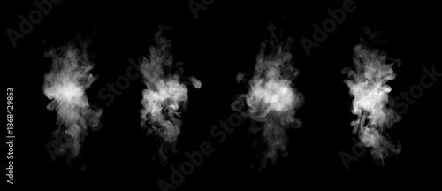 White smoke effect isolated on black background with abstract swirling fog texture. Mist, vapor and cloud element for overlay design, mystery atmosphere, cinematic effect, fire, steam motion concept.