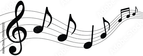 Musical staff with a treble clef and various notes flowing across a white background, vector illustration for sheet music, music education, composition, and professional design elements.