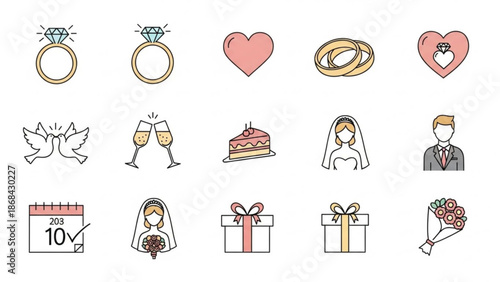 Wedding planning icons set including bride and groom rings gifts cake champagne hearts and doves for marriage and anniversary celebrations with bouquet