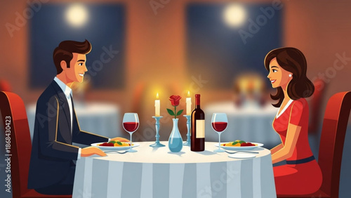 A smiling man and woman sitting across from each other at a candlelit dinner table with wine and a rose in a vase with romantic dinner and candlelit table