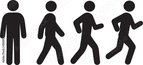 Human movement progression silhouette icons standing to running vector illustration