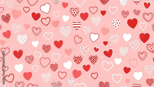 Valentine's day background with a multitude of red pink and white hearts on a soft pink backdrop for love and romance concepts with valentine s day