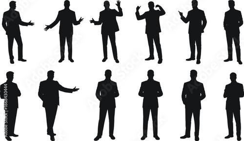 Business men silhouettes, standing corporate poses collection, professional male figures, gestures presentation, black human shapes, isolated white background, studio illustration