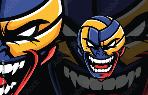 Menacing Mascot Logo Featuring an Angry Blue and Yellow Volleyball alongside a Yellow and Black Vicious Character.