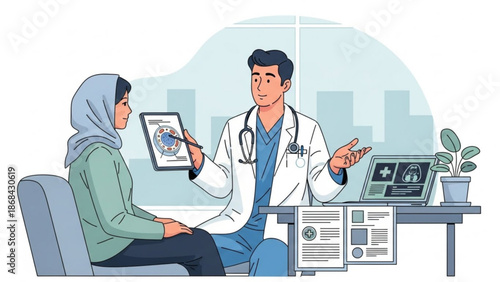 A male doctor in a white coat explains a pie chart on a tablet to a female patient wearing a headscarf in a modern clinic office with medical