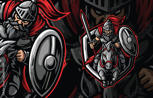 Dynamic Medieval Knight Mascot Logo Pair with Sword, Shield, and War Horse for Gaming and Military Themes.