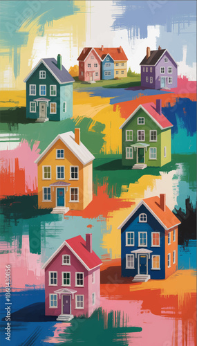 Acrylic painting style illustration of multiple private houses with paint strokes in the background. Vector graphics. EPS_03.