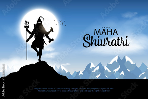 Happy maha Shivratri, a Hindu festival celebrated of lord shiva night. Creative vector illustration design with silhouette of lord shiva standing on Himalayas.
