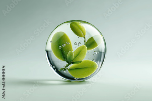 Refined tea tree leaves suspended in a transparent dermocosmetic sphere illustrating antibacterial care and sebum control in clinical skincare.