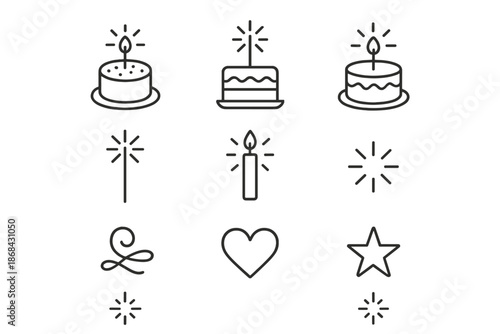 Birthday Cake Icons. Birthday cake and glow. Line outline icon set of Birthday cake and glow: simple cake,