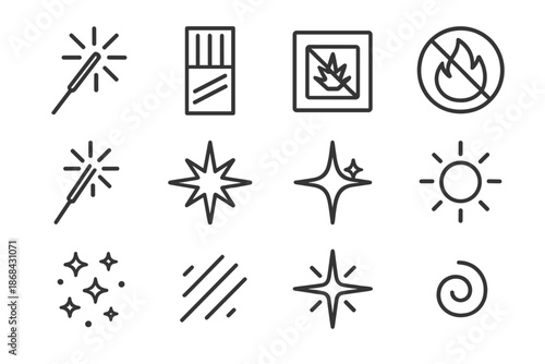 Sparkler Icon Set. Sparkler party icons. Line outline icon set of Sparkler party icons: sparkler stick,
