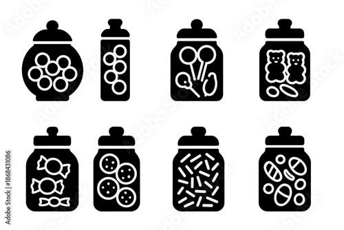 Candy Jar Icons. Birthday candy jar. Filled icon set of Birthday candy jar: round candy jar, tall candy jar,