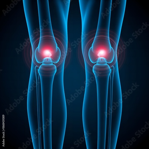 Human knees with highlighted pain areas in blue transparent skin