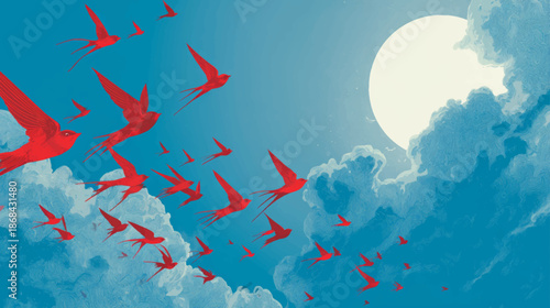 Minimalist Red Bird Flock Crossing Open Blue Sky, Symbolic Freedom Illustration With Large Clean Copy Space