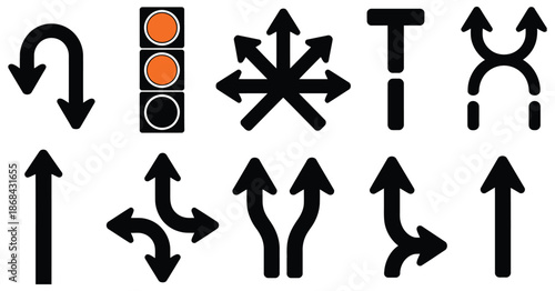Traffic arrows and traffic light vector illustration with red, yellow, green signals, depicting turn directions, road safety, traffic management, navigation guidance, and high ranking vector graphics.