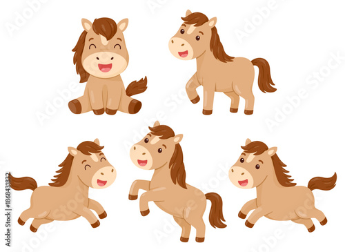 cute kawaii horse poses clipart set