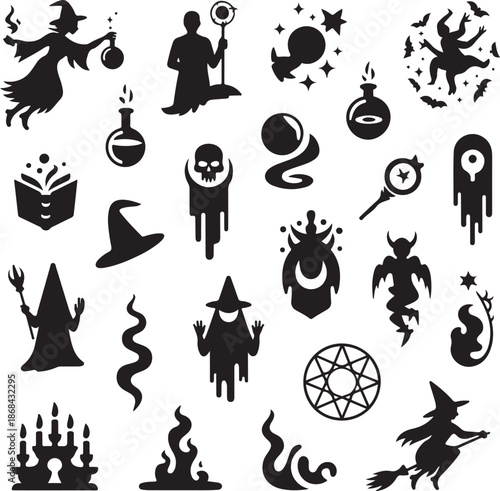 Black silhouettes of various magical and mystical symbols and characters on white background