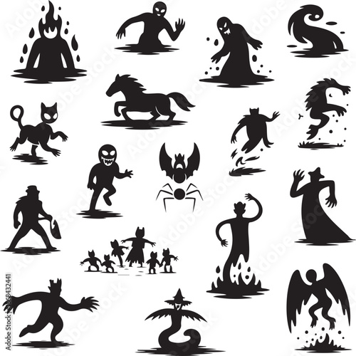 black silhouettes of various monsters and creatures on white background
