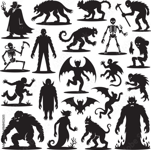 Black silhouettes of various monsters and creatures on white background
