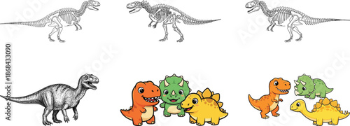 Dinosaur Illustration Set – Fossil Skeletons, Cute Baby Dinos & Cartoon Characters