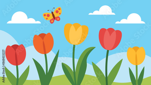 Illustration of tulips under a cloudy sky with a butterfly, vector artwork for spring flowers, nature scenes, garden design, seasonal decor, and professional creative graphics.