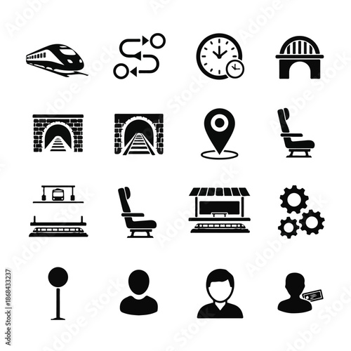 Collection of black and white representing train travel and related concepts railway