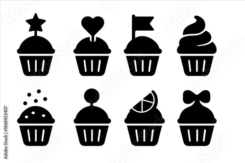 Cupcake Decorations Icons. Cupcake decor. Filled icon set of Cupcake decor: star topper, heart topper, flag