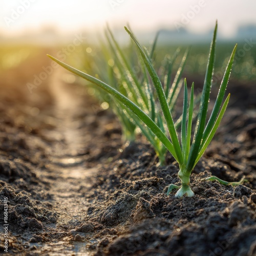 Young Green Onions Sprouting in Spring Field at Sunset