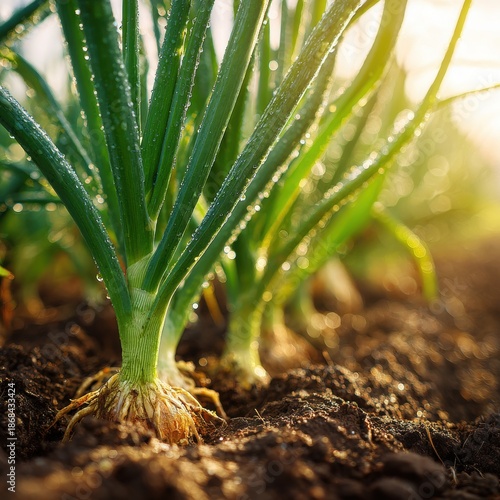 Fresh Green Spring Onions Growing Healthy in Rich Dark Soil