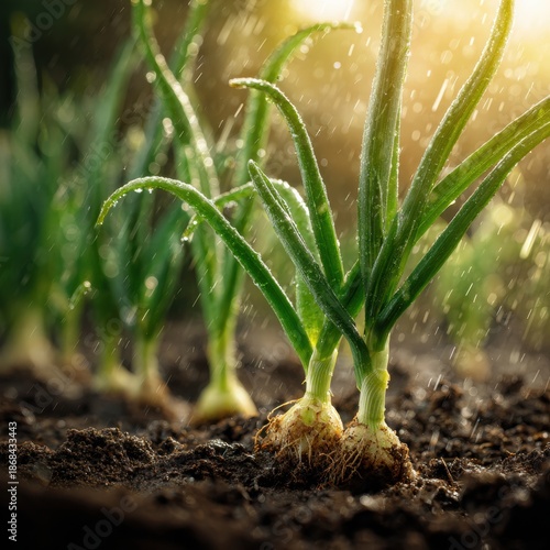 Fresh Spring Onion Growth in Soil with Sunlight and Dewy Leaves