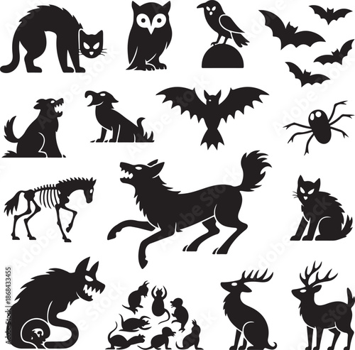 black silhouettes of various spooky animals on white background
