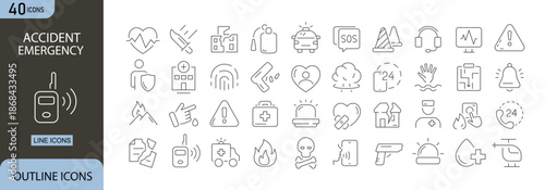 Accident and Emergency Icons Set Line  Collection for Safety, Insurance, Road Emergency Concepts. ambulance, help and emergency hotline. outline icons . 