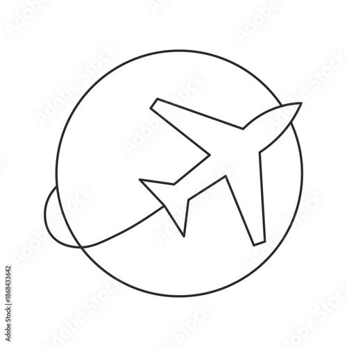 Blue Line Art Airplane Flying Over Globe Icon, International Travel and Global Logistics Vector Illustration for Tourism Brand