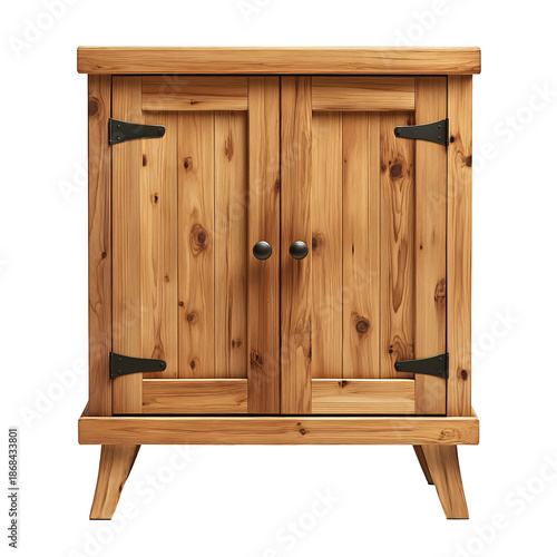 Front view of a solid pine cabinet with a natural finish isolated on a white transparent background