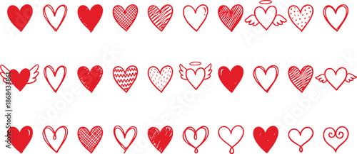 Set of Hand Drawn Red Heart Doodles for Valentine's Day, Wedding, and Romantic Designs. Love Icons.
