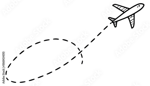 Hand drawn illustration of an airplane depicting a dashed flight path for global travel