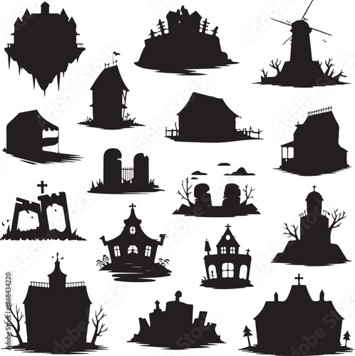 black silhouettes of various spooky houses and buildings on white background