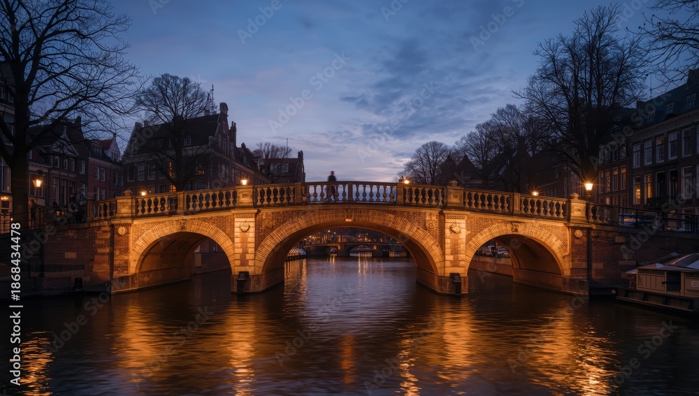 Obraz premium Lit bridge above Brouwersgracht at dusk, Amsterdam, Netherlands, Europe