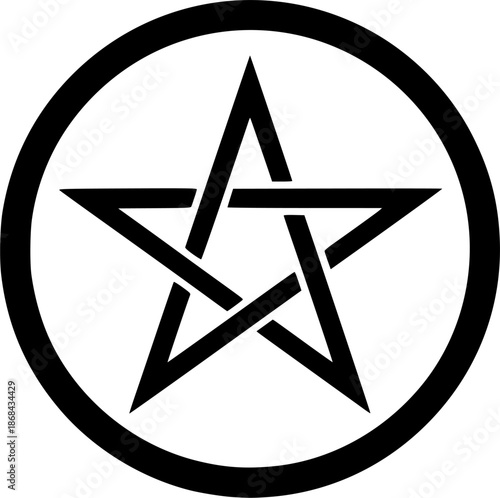 Bold black pentagram inside a thick circular border on white background; minimalist vector icon expressing magic, occult symbolism, and mysticism
