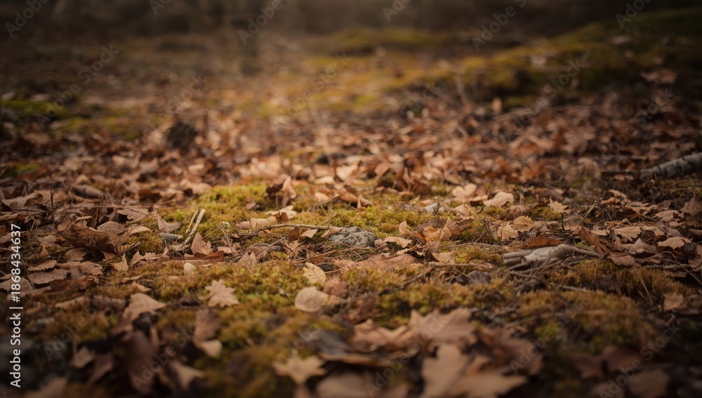 Fototapeta premium Littered, earthy forest ground covered in moss