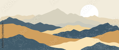 Minimalist mountain landscape hand drawn vector background with sun and hills for valentine wedding invitation card abstract boho nature wall art illustration