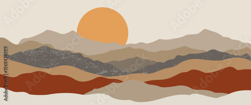 Boho minimalist mountain landscape hand drawn vector with large sun and warm earth tones for valentine card background nature aesthetic wall art illustration