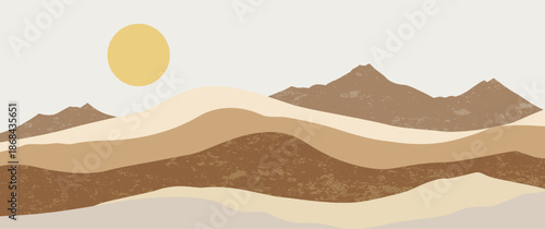 Minimalist sand dune mountain landscape hand drawn vector with pale sun and beige hills for valentine card background nature aesthetic wall art illustration