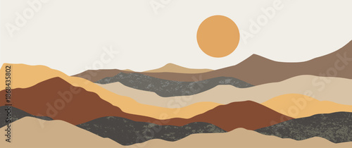 Boho minimalist mountain landscape hand drawn vector with orange sun and brown hills for valentine wedding invitation nature aesthetic wall art illustration