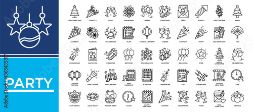 Party icon set collection. Containing cheers, invitation, star, lion, fireworks, list, eve .Line vector icons collection