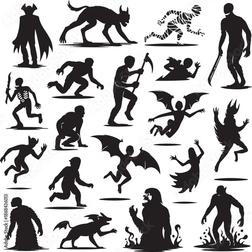 collection of various monsters and creatures in black silhouette on white background
