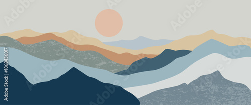 Abstract blue mountain landscape hand drawn vector with pale sun and muted hills for valentine seasonal decor nature poster design aesthetic wall art print